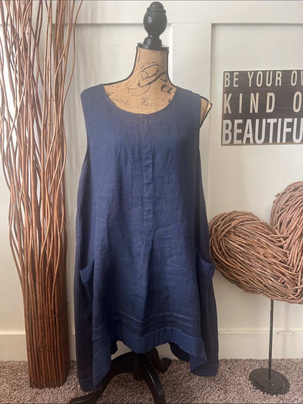 Sleeveless Navy Linen Swing Tunic with Pockets
